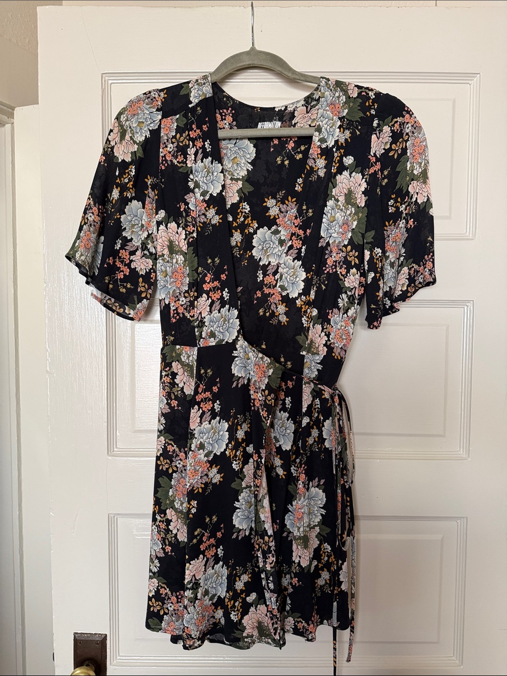 Reformation Black Floral Wrap Dress with Pink & Light Blue Blooms